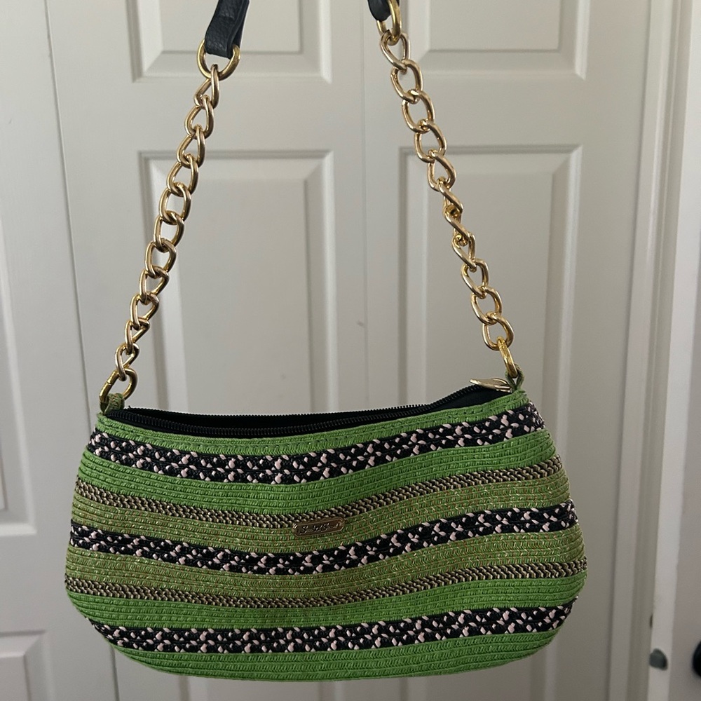 Green and Black Crescent Shoulder Bag with Gold Chain